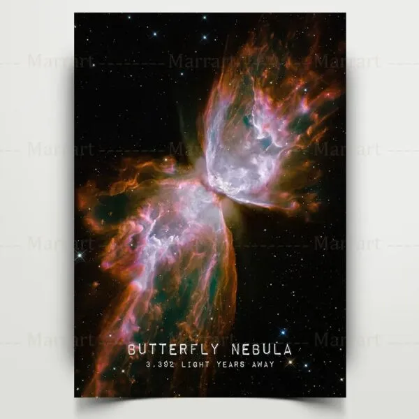 Nébuleuse Butterfly, une magnifique formation cosmique ressemblant à un papillon, située à environ 3 300 années-lumière de la Terre, illustrant la beauté de l'univers.