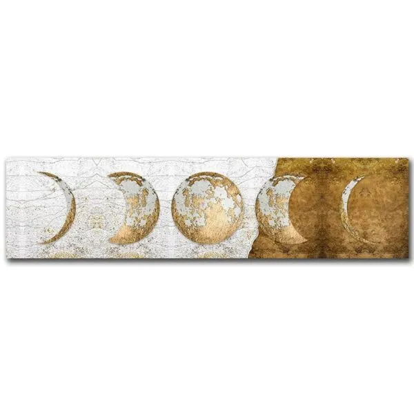 Illustration artistique des différentes phases de la lune, représentant la lune nouvelle, croissante, pleine et décroissante, dans un style vintage et décoratif.