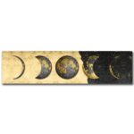 Illustration artistique des phases de la lune en or et noir, représentant la progression de la lune à travers ses différentes phases, idéale pour la décoration scientifique ou cosmologique.