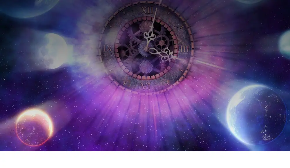 Illustration d'une horloge mécanique flottant dans un espace cosmique avec planètes et étoiles, symbolisant le temps et l'univers.