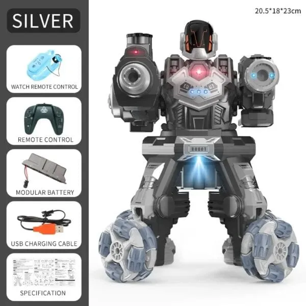 Robot humanoïde avec lumières LED, haut-parleur, et roues tout-terrain, contrôlable à distance via télécommande, idéal pour les amateurs de gadgets technologiques et de décoration scientifique.