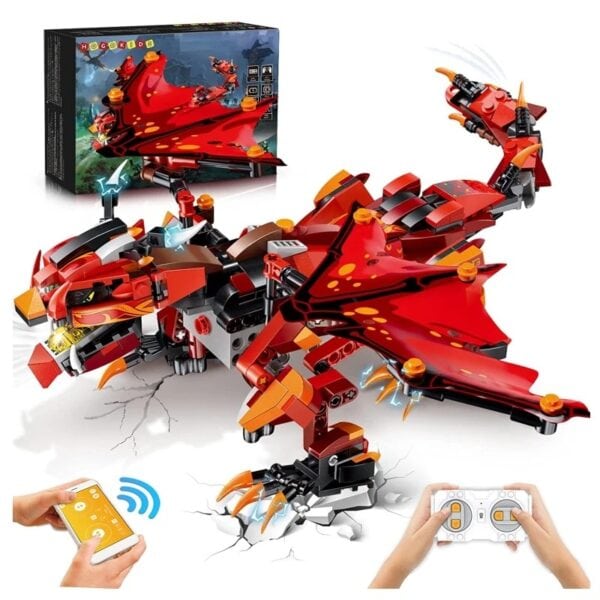 Modèle de dragon en LEGO rouge avec ailes articulées, griffes et détails réalistes, contrôlable à distance via une télécommande, parfait pour les amateurs de science et de décoration.