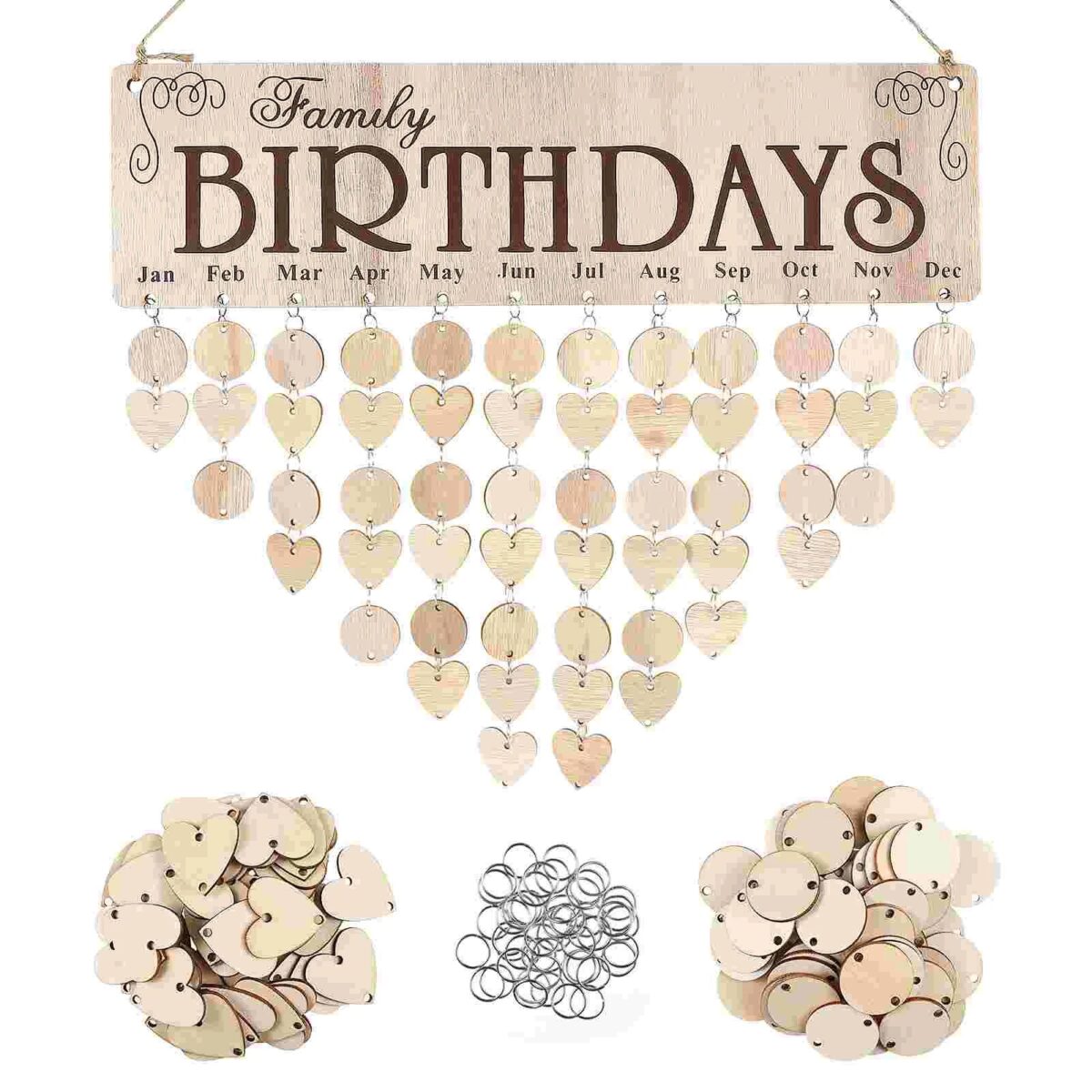 Panneau de décoration anniversaire avec mois et cœurs en bois pour célébrer chaque mois de naissance en famille ou entre amis.