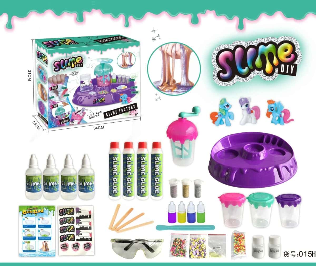 Kit de fabrication de slime DIY avec accessoires et colorants.
