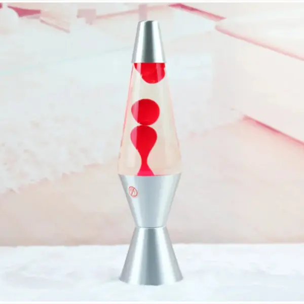 Lampe Lava classique avec base en métal argenté et liquide rouge en mouvement, idéale pour la décoration scientifique et ludique.