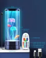 Vase lumineux avec méduses LED colorées, contrôleur à distance, parfait pour décoration scientifique et ambiance relaxante.