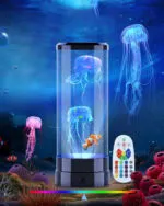 Vitrine à méduses LED avec télécommande, décorations aquatiques et effets lumineux pour une ambiance relaxante et moderne.
