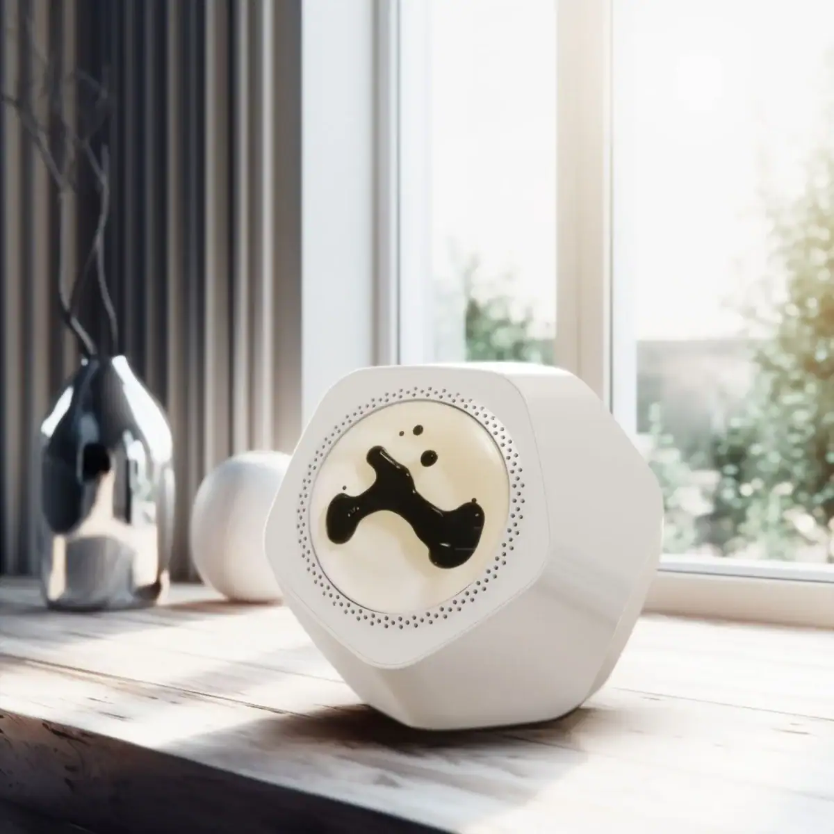 Distributeur de savon ou diffuseur d'huiles essentielles en forme de cube avec affichage numérique, idéal pour décoration scientifique moderne.