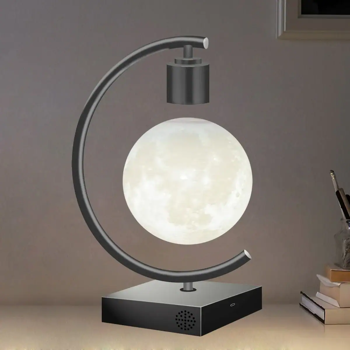 Lampe lune scientifique Lampe de bureau en forme de lune avec support métallique et base noire.
