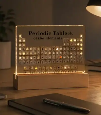 Tableau périodique des éléments avec éléments en métal brillant, éclairage chaud, sur un bureau en bois, vue de face.