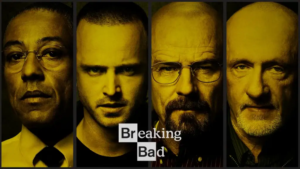 Close-up of four Breaking Bad characters with yellow-tinted faces, showcasing their intense expressions. Perfect for science-themed decor and educational toys inspired by the series.