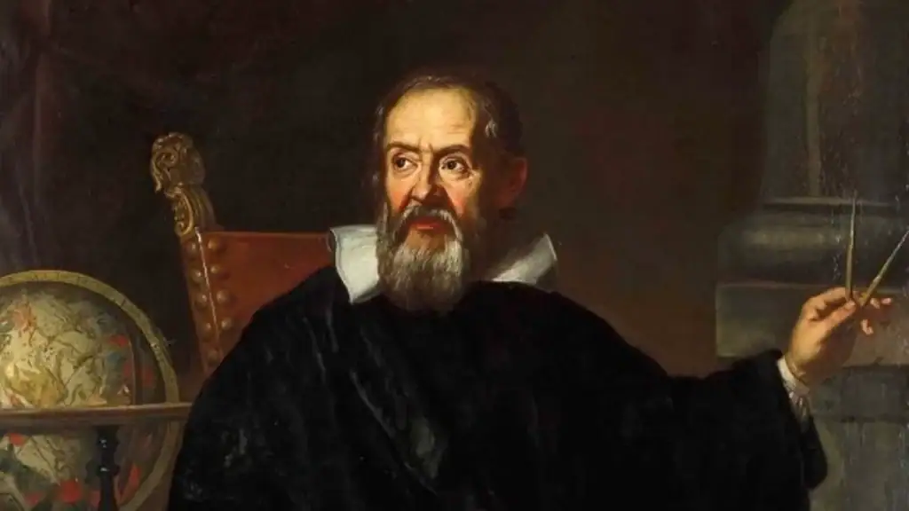 Ancient scientist with a beard and period clothing, seated in a dark room with scientific instruments, holding a quill or pointer, illustrating a historical figure in science.