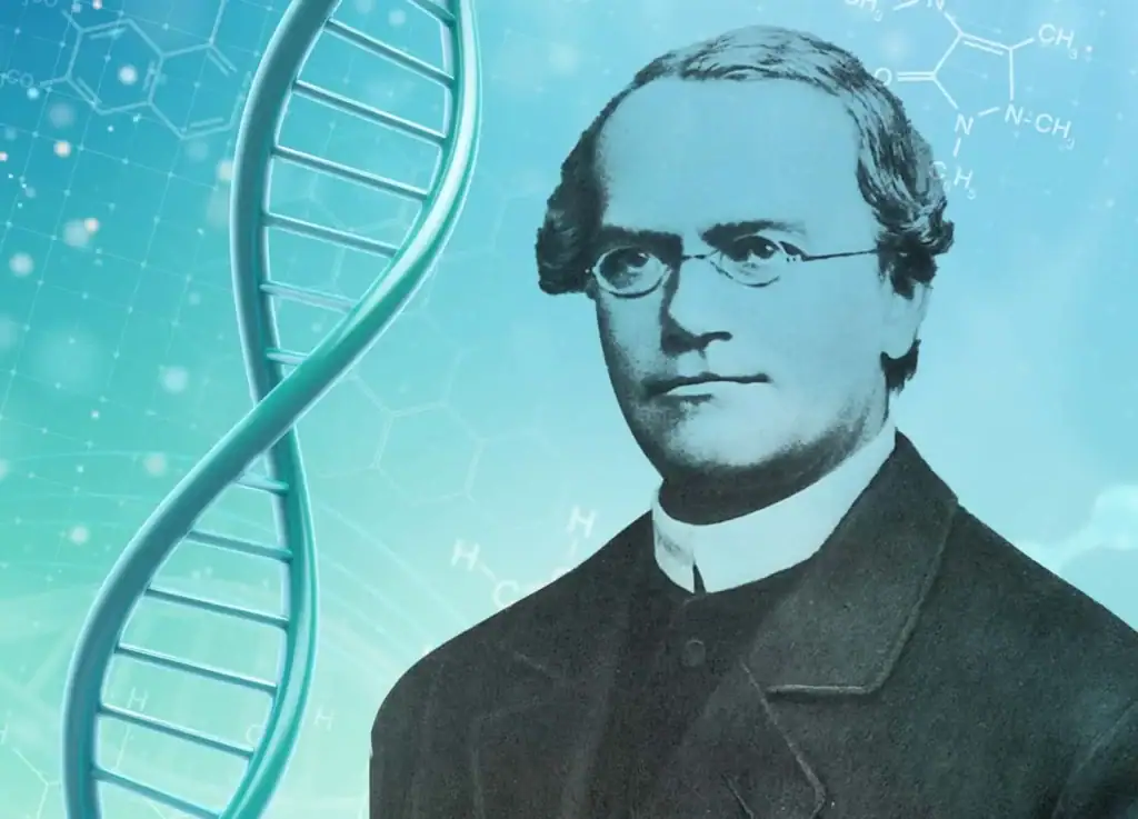 Ancient scientist portrait with a DNA double helix and molecular structures in the background, highlighting the connection between historical scientific discoveries and modern genetics.