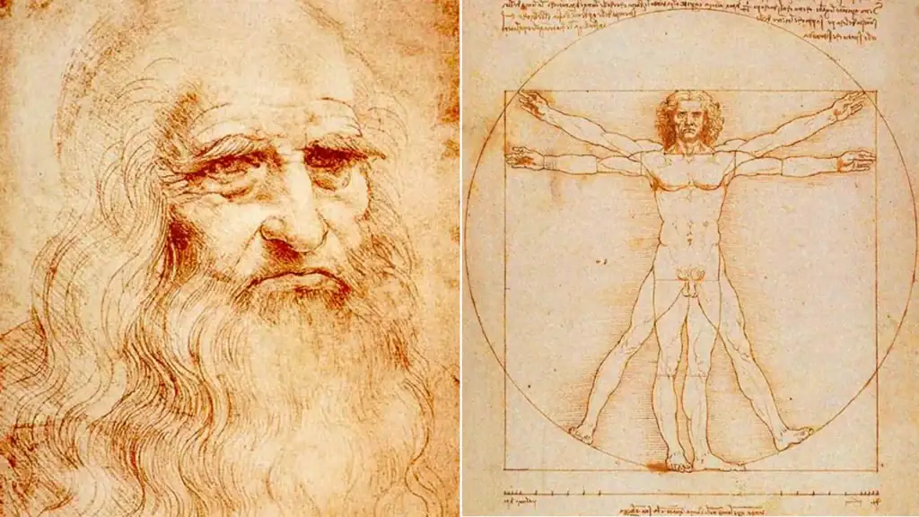 Classic Vitruvian Man drawing by Leonardo da Vinci showcasing human proportions and anatomy.