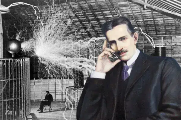 Tesla coil generating visible electrical discharges in a science exhibit setting.