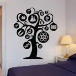 Décoration murale d'un arbre scientifique noir avec des icônes de laboratoire, microscope, atome, livre et autres symboles scientifiques, idéale pour une décoration éducative ou de laboratoire.