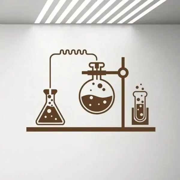 Illustration d'un dispositif de laboratoire avec un ballon, un flacon et un tube à essai, représentant la chimie et la recherche scientifique.