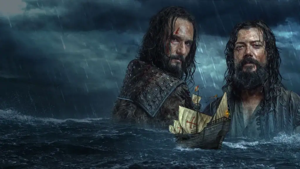 Dramatic scene of two men with long hair and beards in a stormy sea, with a small wooden shipwreck between them, under dark, rainy skies.