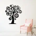 Décoration murale en forme d'arbre scientifique avec icônes de chimie, biologie, physique et autres disciplines scientifiques, idéale pour un espace éducatif ou scientifique.