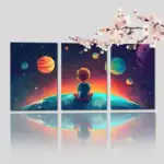Enfant assis sur une planète, contemplant un univers coloré avec planètes et étoiles, illustrant la curiosité scientifique et l'imagination.