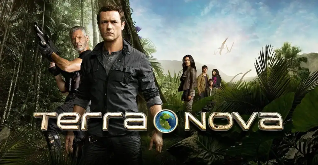 An adventurous scene featuring characters from the movie "Terra Nova" in a lush jungle setting, highlighting the excitement of science and exploration.