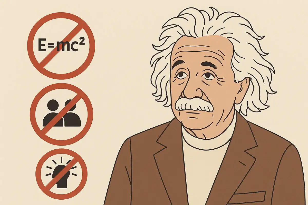 Illustration d'Albert Einstein avec symboles scientifiques de la relativité, incluant E=mc², une figure humaine et un compteur, pour une décoration scientifique.