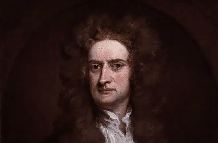 Portrait of a historical scientist with long, curly hair and period-appropriate clothing, set against a dark background, emphasizing the classical style.