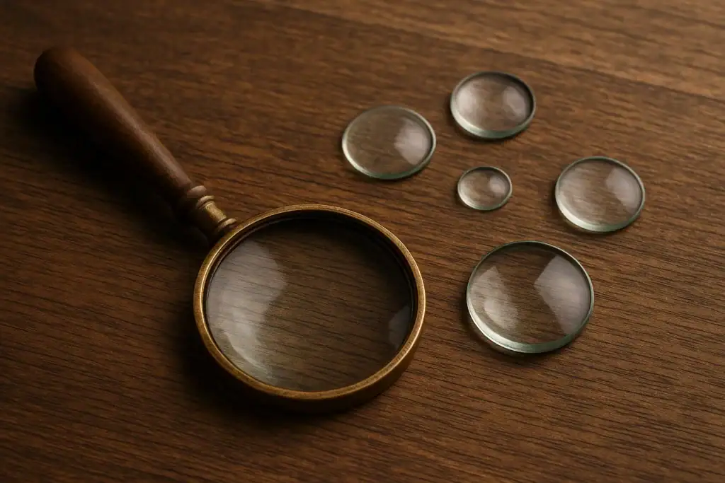 Close-up of a wooden-handled magnifying glass alongside five glass lenses of various sizes on a wooden surface.