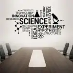 Motifs muraux avec mots liés à la science, tels que "science", "expérience", "hypothèse", "recherche", pour décoration intérieure éducative et moderne.