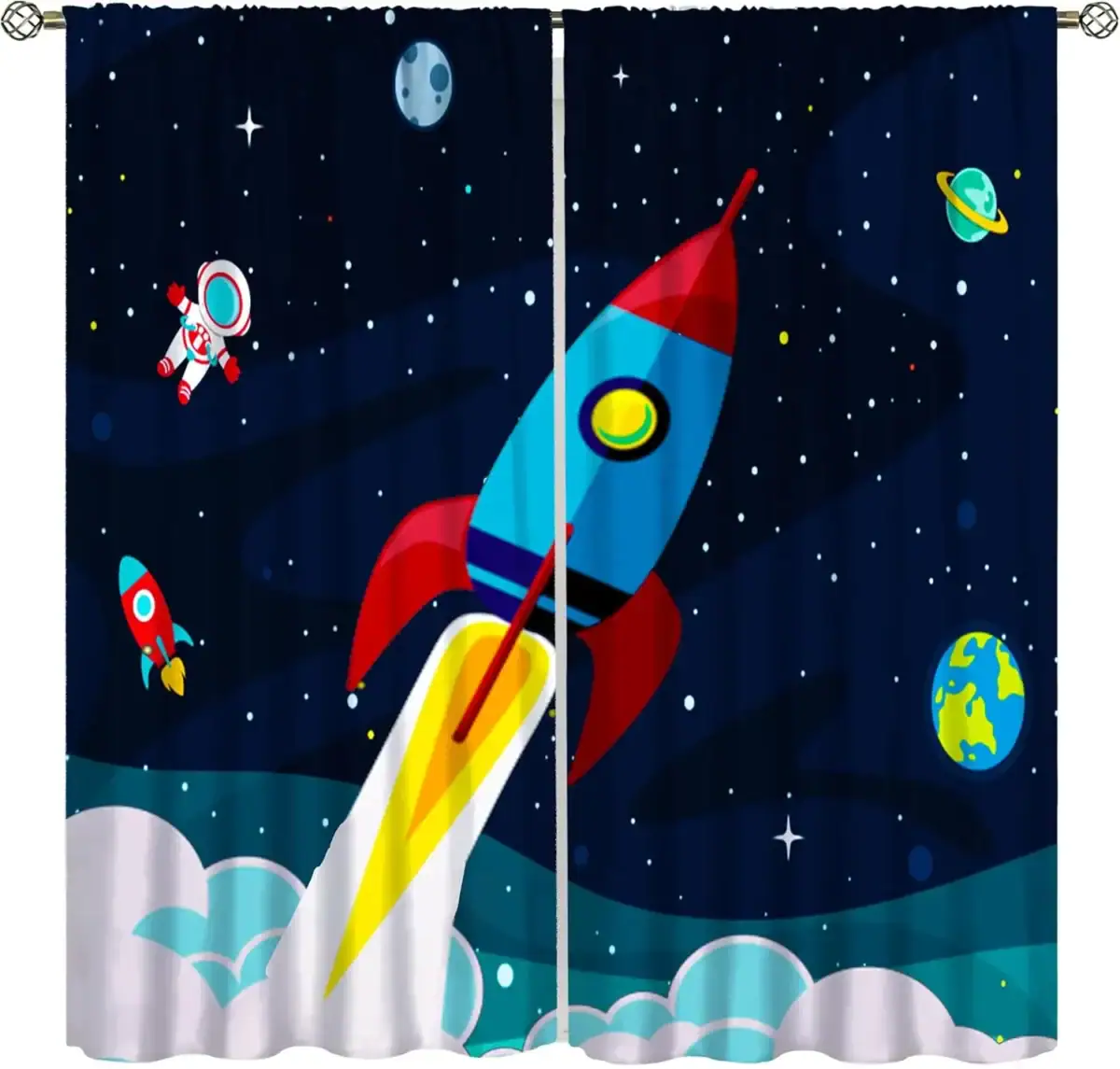 Vaisseau spatial coloré dans l'espace Vaisseau spatial coloré avec fusée en lancement, étoiles, planètes et astronautes dans un décor spatial. Parfait pour la décoration scientifique et éducative.