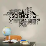 Mur décoratif avec mots clés liés à la science, incluant un flacon, un microscope, et des livres, parfait pour un espace éducatif ou scientifique.