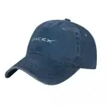 Casquette en denim bleu foncé avec logo SpaceX blanc sur le devant, vue de face.