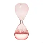 Sablier en verre rose transparent avec sable fin, idéal pour la décoration scientifique ou comme objet de collection.