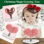 Arbre de Noël magique en croissance pour enfants, décoratif et éducatif, avec cœur en fleurs roses, idéal pour la décoration festive et l'apprentissage scientifique.