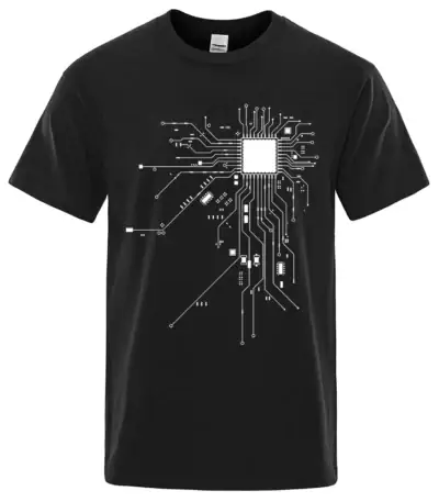 T-shirt noir avec design de circuit électronique blanc, parfait pour les amateurs de technologie et d'ingénierie.