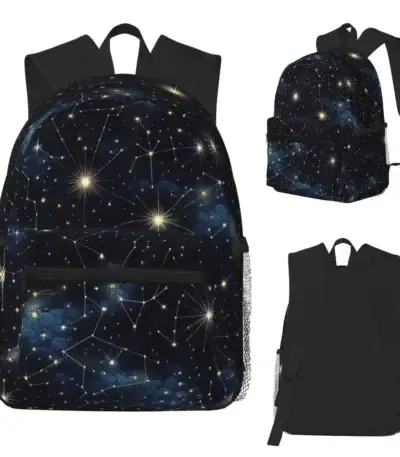 Sac à dos avec motif constellation et étoiles brillantes, parfait pour les amateurs d'astronomie et de science. Design inspiré de l'univers, idéal pour l'école ou les sorties.