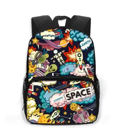 Sac à dos enfant avec motifs cosmos, fusée, planètes et étoiles, parfait pour les amateurs d'espace et de science.