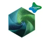 Illustration d'une décoration scientifique en forme de spirale avec des couleurs bleu et vert, idéale pour une décoration de bureau ou d'espace scientifique.