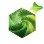 Objet scientifique en silicone vert jaune avec motif en spirale dans un hexagone.