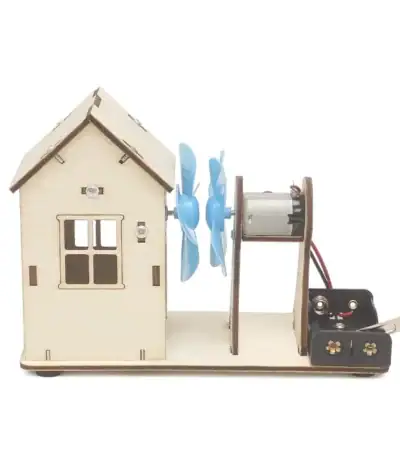 Mini maison à vent avec moteur éolien pour décoration ou expérience scientifique. Parfait pour les amateurs de sciences et de décoration originale.