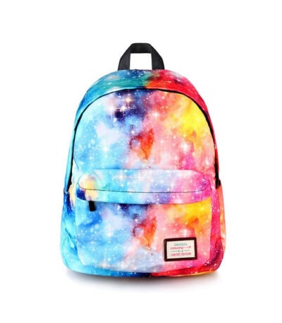 Sac à dos galaxie colorée avec motif cosmique, idéal pour école ou loisirs, apportant une touche d'univers et d'aventure à votre style.
