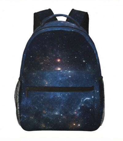 Sac à dos avec motif galaxie étoilée, idéal pour les amateurs d'astronomie et de décoration scientifique. Parfait pour l'école, les voyages ou comme objet de décoration.