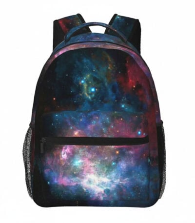 Sac à dos avec motif galaxie, design cosmique, idéal pour étudiants et amateurs d'astronomie.