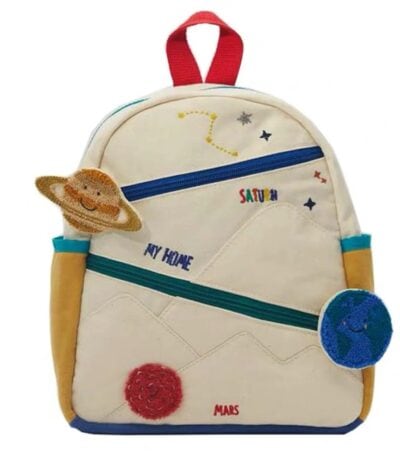 Sac à dos enfant avec thème spatial, décorations de planètes et étoiles, idéal pour l'école ou les activités ludiques.