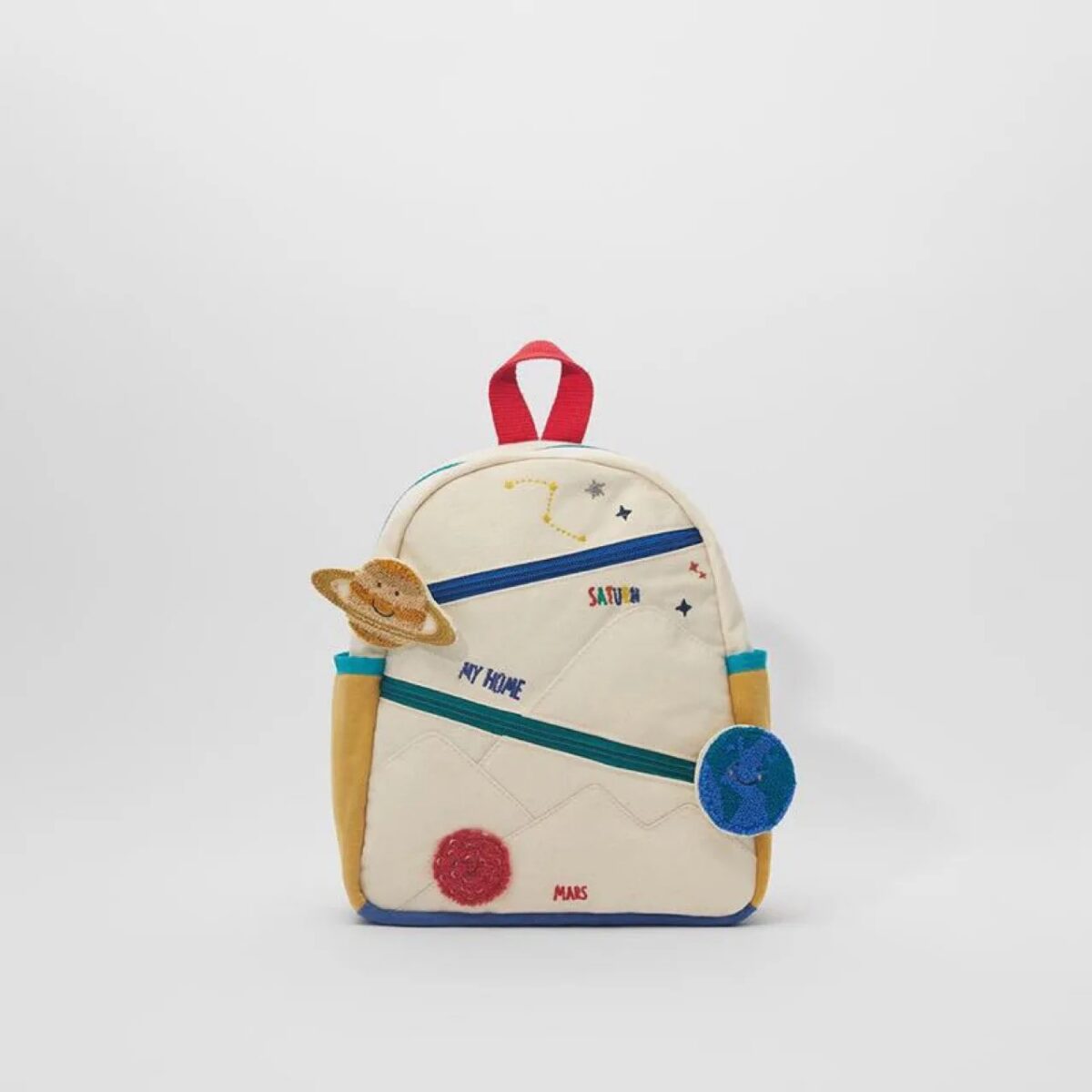 Sac à dos enfant avec motifs de planètes, étoiles et éléments spatiaux, parfait pour les amateurs d'astronomie et de sciences.