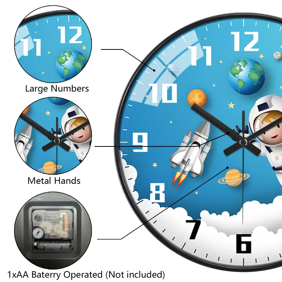 Balancier d'horloge avec thème spatial et planétaire.