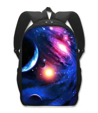 Sac à dos d'école avec motif galaxie représentant des planètes et des étoiles dans l'espace, idéal pour les étudiants passionnés d'astronomie et de sciences.