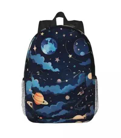Sac à dos avec motif d'espace et planètes, idéal pour les amateurs d'astronomie et de science, parfait pour l'école ou les activités en plein air.