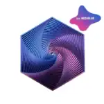 Décoration en métal en forme de spirale hexagonale avec dégradé de couleurs rouge et bleu, idéale pour la décoration scientifique ou moderne.