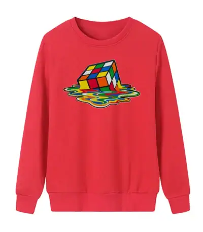 Sweat rouge avec un puzzle Rubik's en train de tomber dans l'eau, illustrant un motif coloré et ludique. Parfait pour les amateurs de science et de décoration originale.